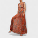 Schimmernder Mesh-Bodysuit mit ärmellosem Rundhals, orange-braunes Streifen-Wellenmuster