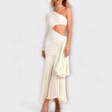 Ecru Maxi-Kleid mit einseitigem Cutout, schmalen Trägern und Fransen-Volants