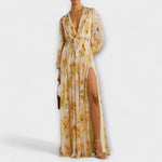 Maxikleid mit V-Ausschnitt, langen Puffärmeln und Blumenmuster, seitlicher Beinschlitz