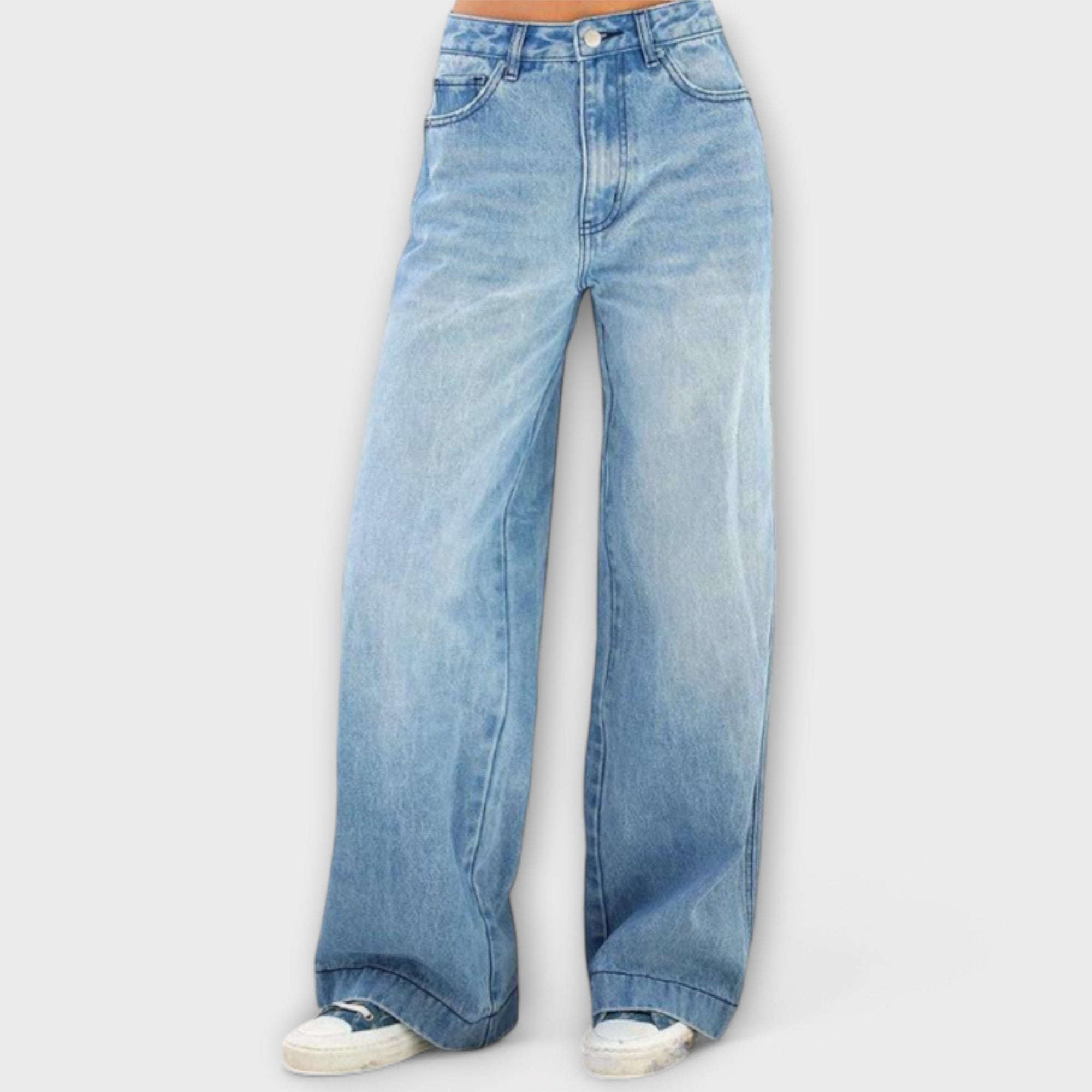 Marem Damen-Baggy-Jeanshose hellblau mit Knopfverschluss, Fronttaschen und weitem Bein