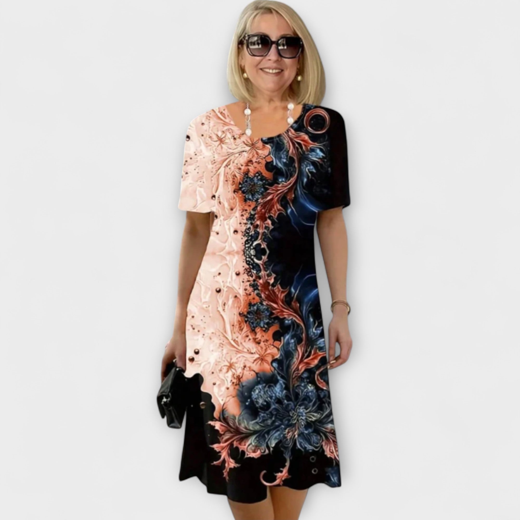 Sommerkleid mit Rundhalsausschnitt und kurzem Ärmel, Blumenmuster in Pink/Blau