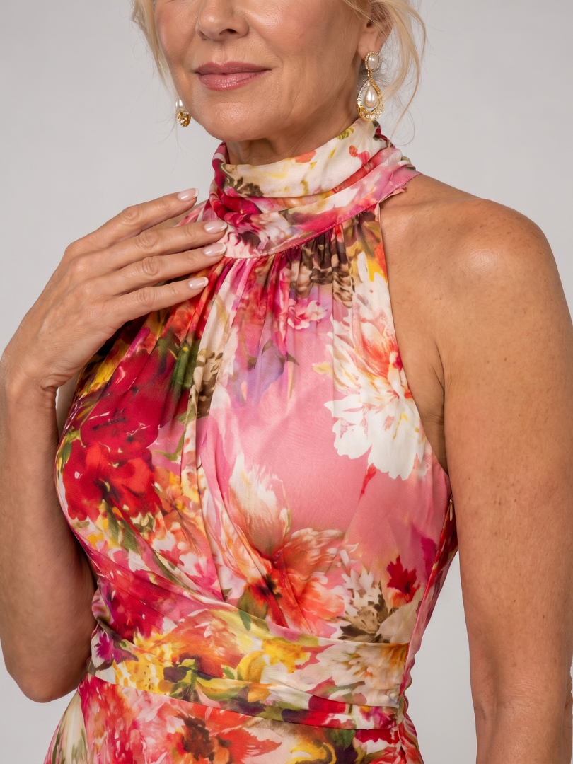 Neckholder am Hals, Maxikleid mit florales Blumenmuster in Pink/Rot