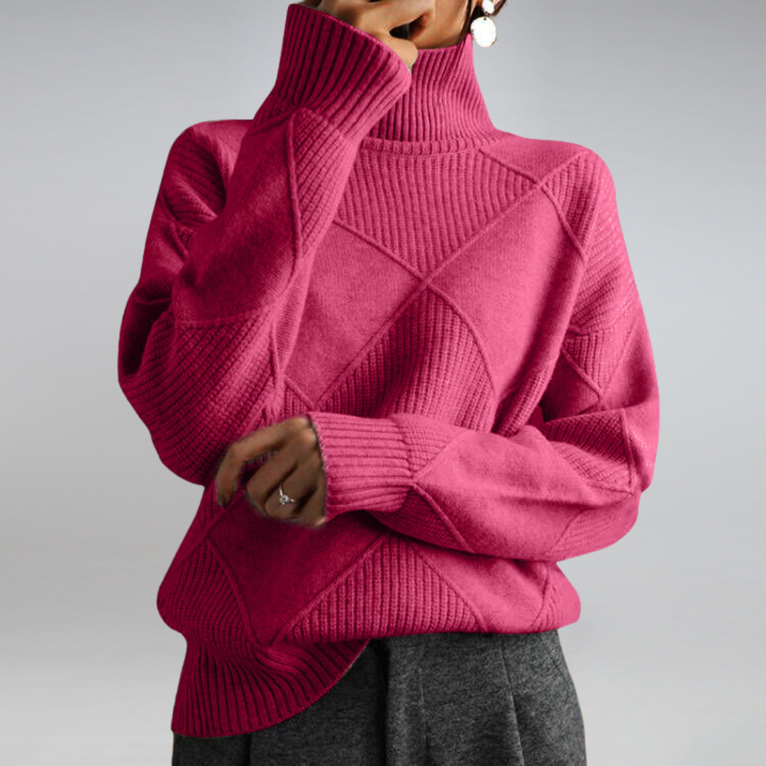 Weicher Pullover mit Stehkragen, Rippenstrick und Rauten-Design, pink
