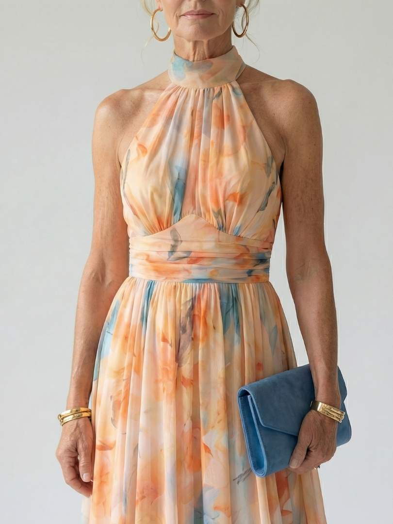 Halter-Midi-Kleid mit hohem gerafftem Ausschnitt und mehrfarbigem Aquarellmuster