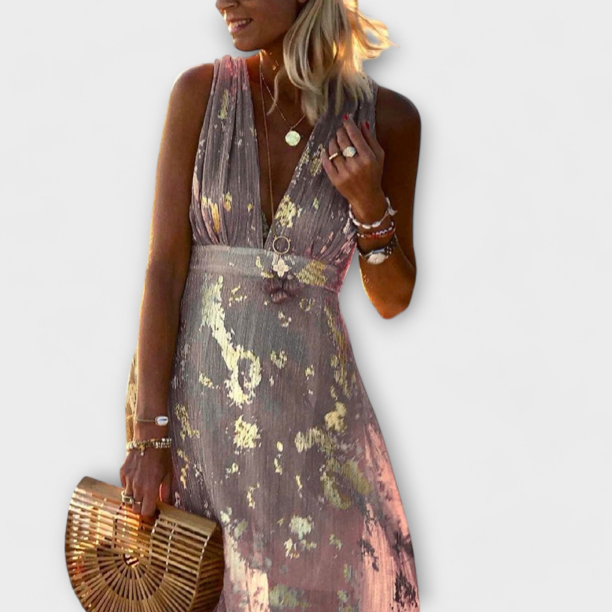Fließendes Kleid mit V-Ausschnitt, ärmellos; dunkles Lila mit goldenen Pailletten und Faltenwurf
