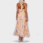 Neckholder-Maxi-Kleid mit Aquarell-Print, offenem Rücken und Faltenrock