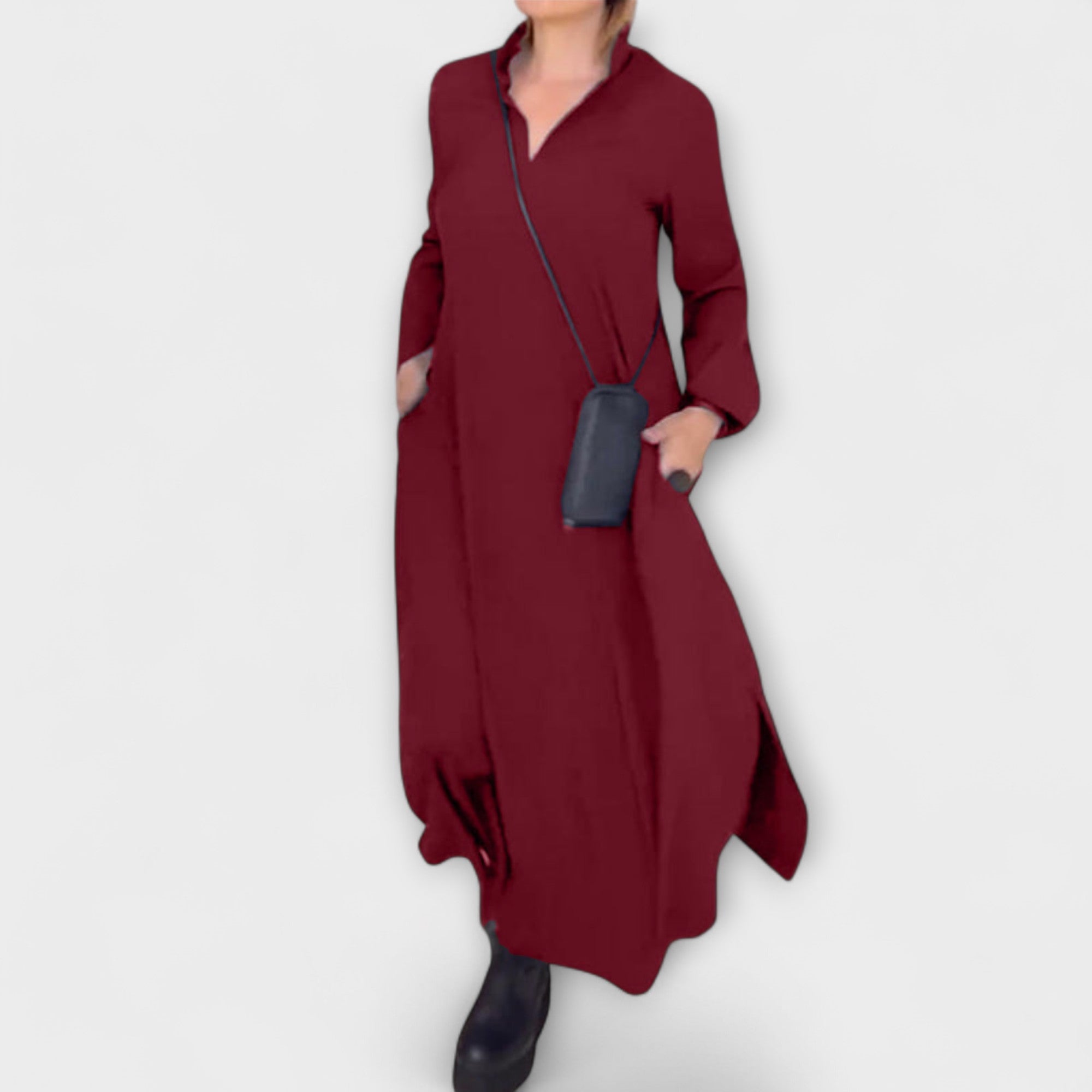 Bordeauxfarbenes fließendes Kleid mit V-Ausschnitt und langen Ärmeln