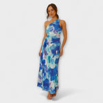 Blaues Maxikleid mit Cut-out am Taillenbereich und einseitigem Ausschnitt