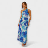 Blaues Maxikleid mit Cut-out am Taillenbereich und einseitigem Ausschnitt