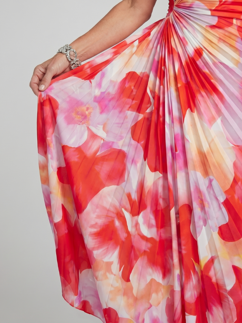 Plissiertes Midi-Kleid mit floralen Rot-Pink-Creme-Tönen und geraffter Drapierung