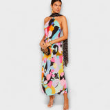 Midikleid mit bunter Blumenoptik und schwarzem Pünktchen-Schal am Halsausschnitt