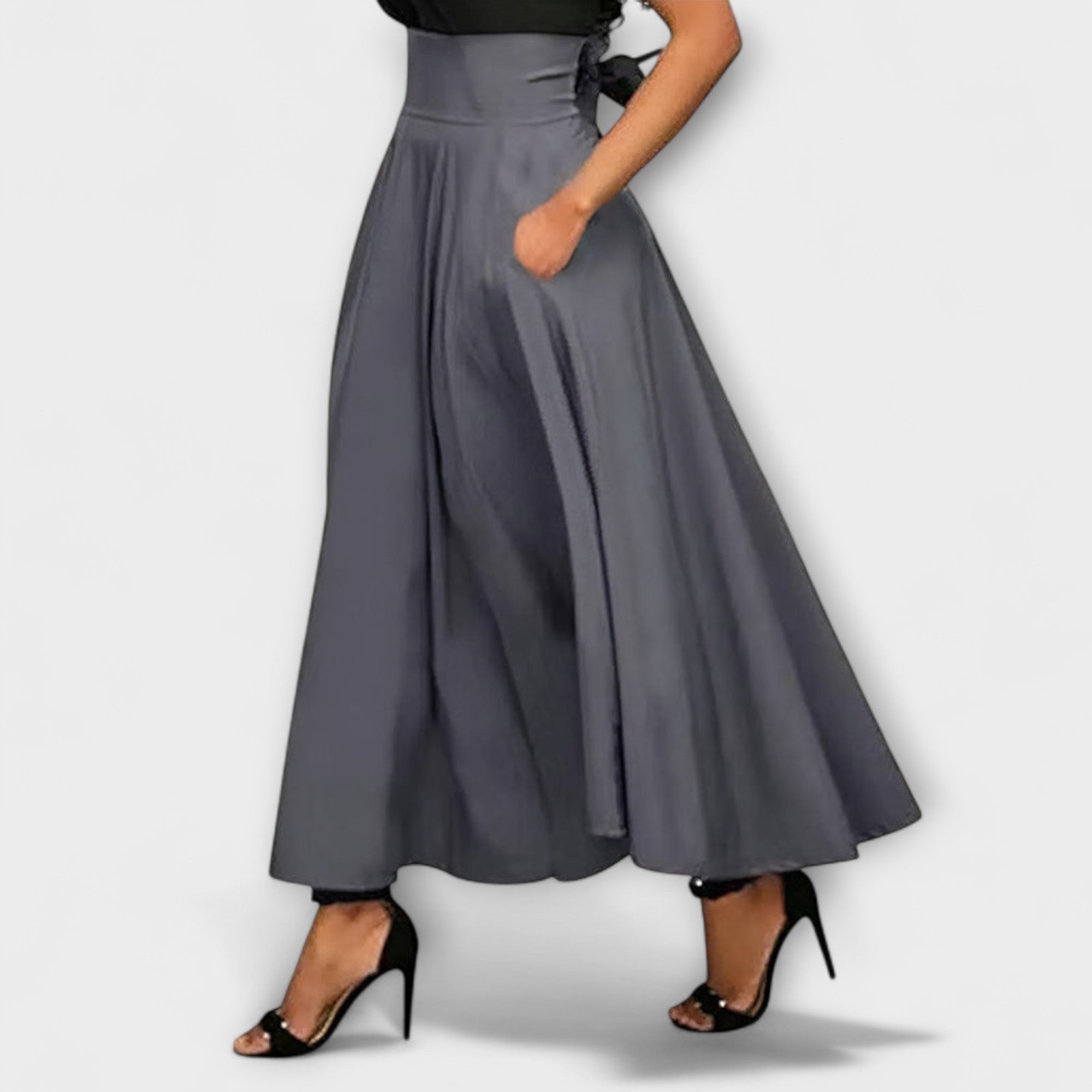 Eleganter Maxi-Rock mit Falten, hoher Bund und weit schwingendem A-Linien-Schnitt, grau