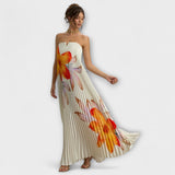 Maxikleid mit Sweetheart-Ausschnitt, hell gestreift, orange Blumenprint, weiter Saum