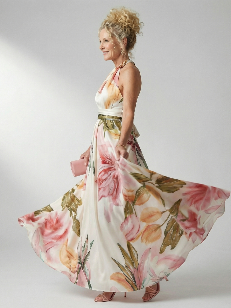 Maxikleid mit Blumenprint, Neckholder-Halterung, weit schwingender Rock, hellrosa