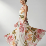Maxikleid mit Blumenprint, Neckholder-Halterung, weit schwingender Rock, hellrosa