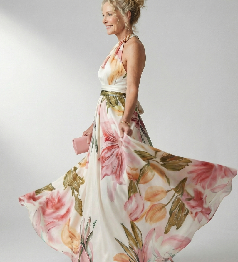 Maxikleid mit Blumenprint, Neckholder-Halterung, weit schwingender Rock, hellrosa