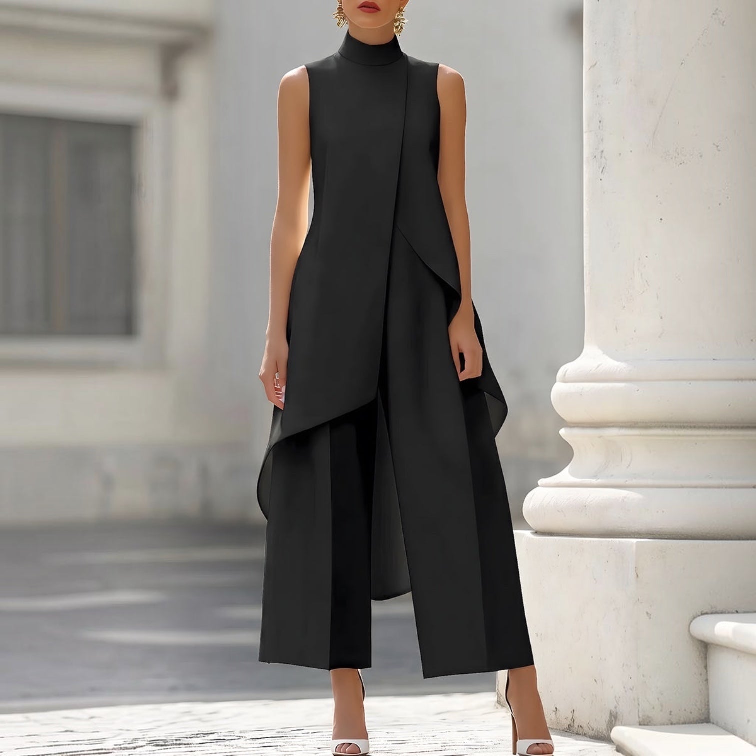 Elegantes langes Kleid in Schwarz mit hohem Ausschnitt, ärmellos, asymmetrisch drapiert