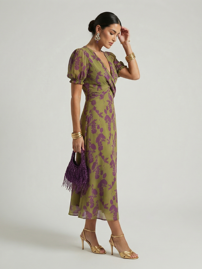 Midi-Kleid mit Wickeloptik, V-Ausschnitt und lila Blütenmuster auf olivfarbenem Stoff