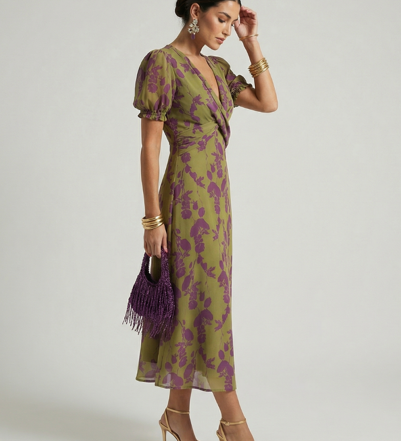 Midi-Kleid mit Wickeloptik, V-Ausschnitt und lila Blütenmuster auf olivfarbenem Stoff