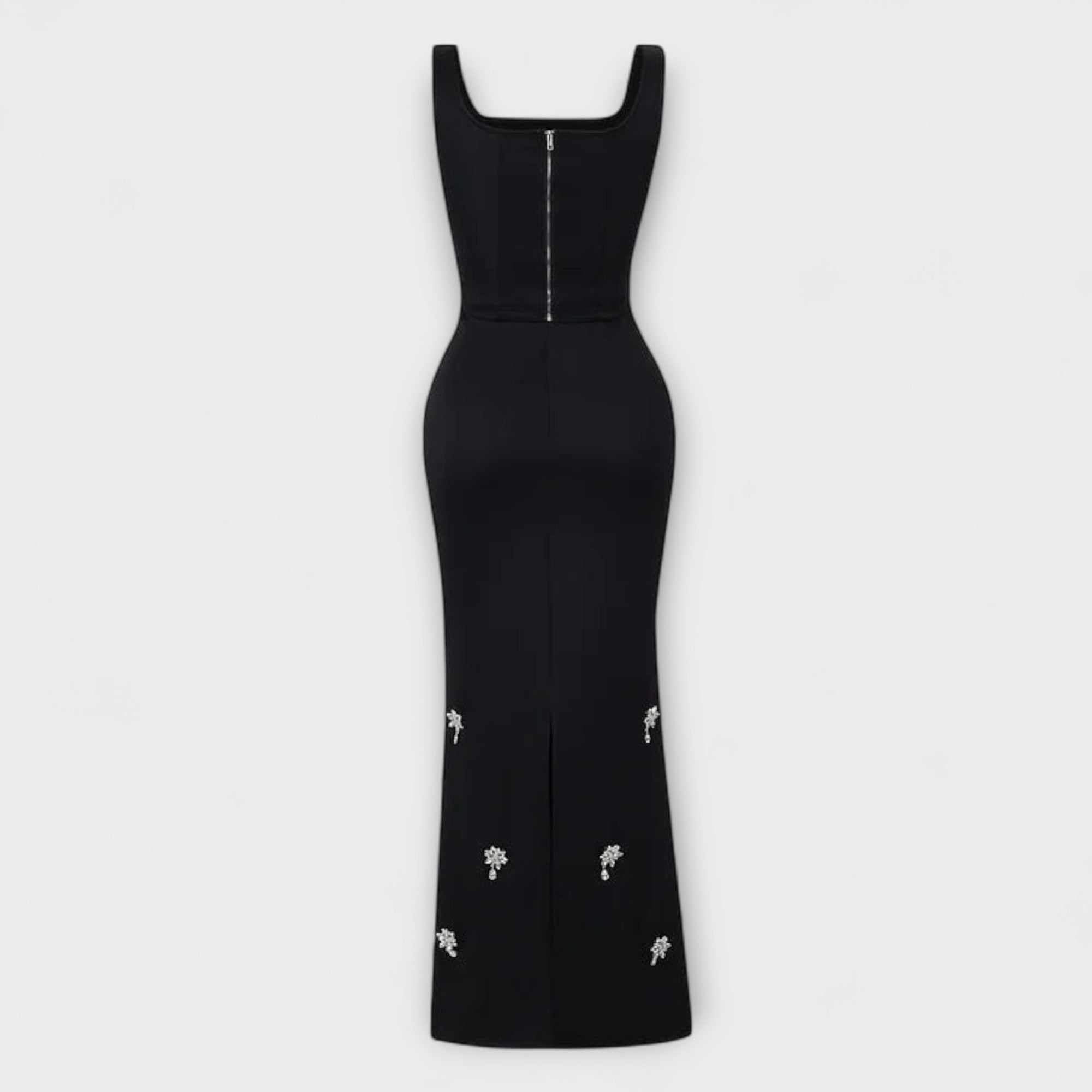 Schwarzes Perlenkleid mit breiten Trägern, mittigem Reißverschluss und Schmuckapplikationen