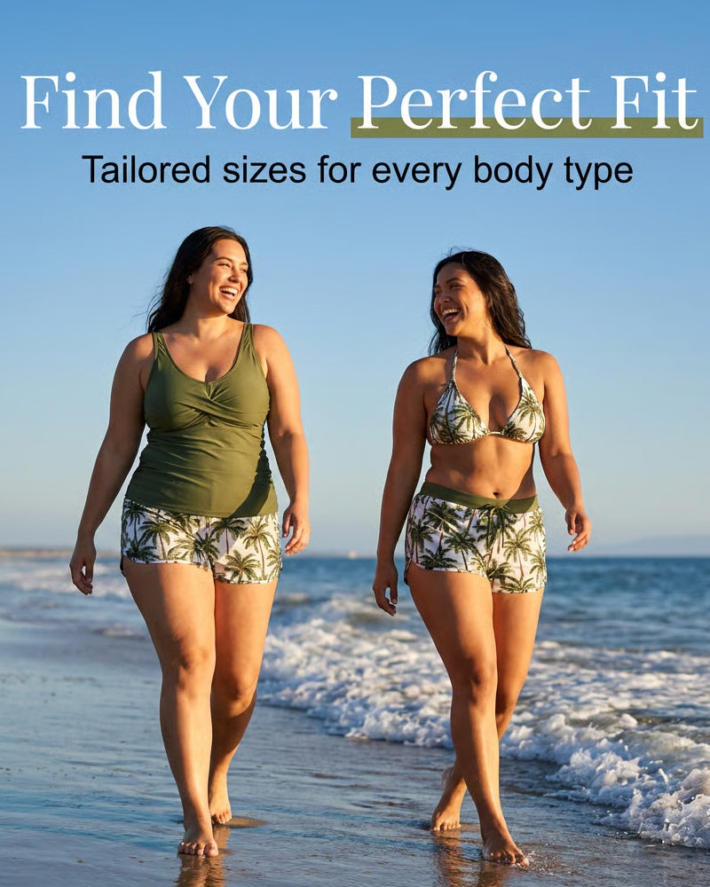 Tankini-Set mit olivgrünem Top und weißen Shorts mit Palmprint