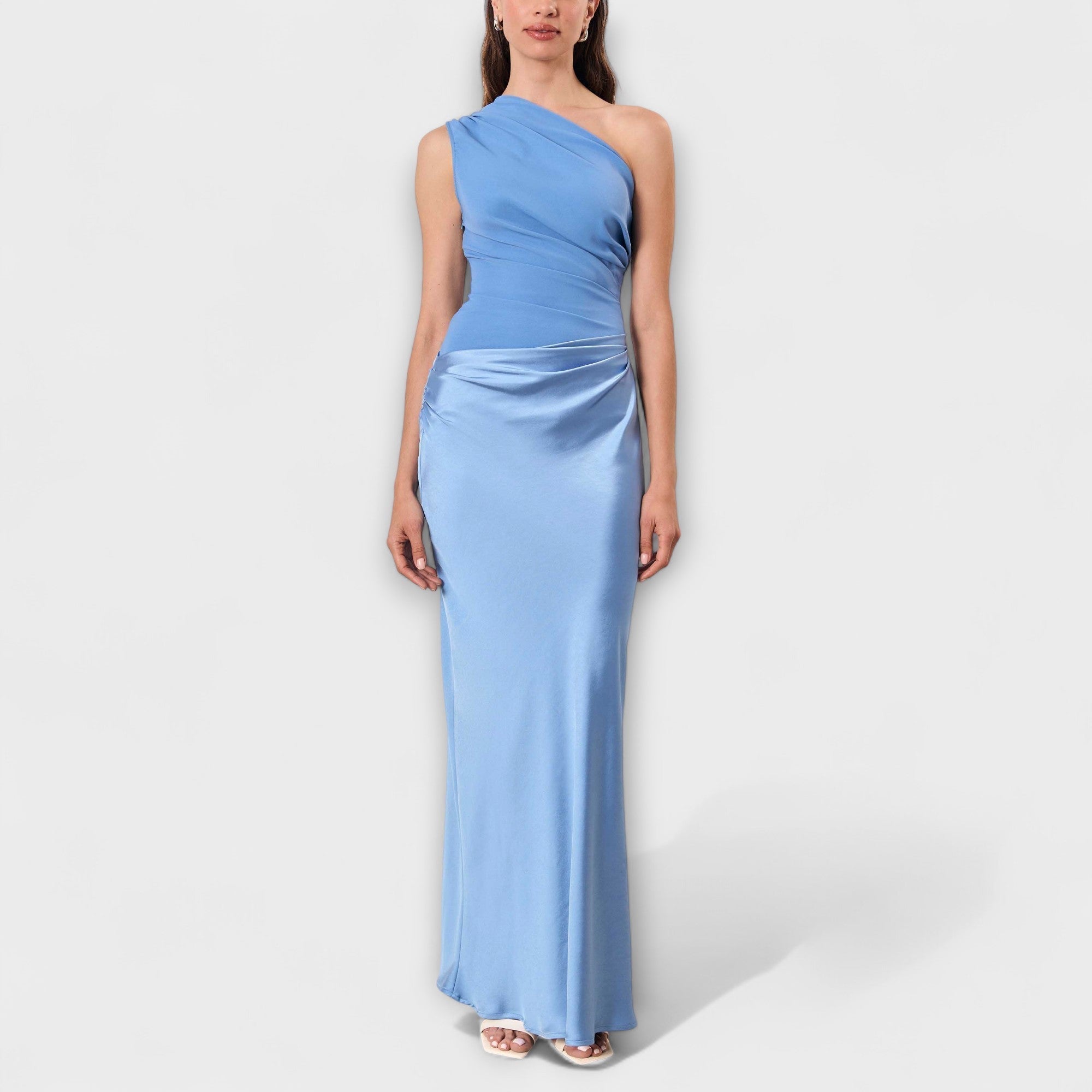 Ein-Schulter Maxi-Kleid mit seitlicher Drapierung, hellblauer Glanzstoff, langes Rockteil