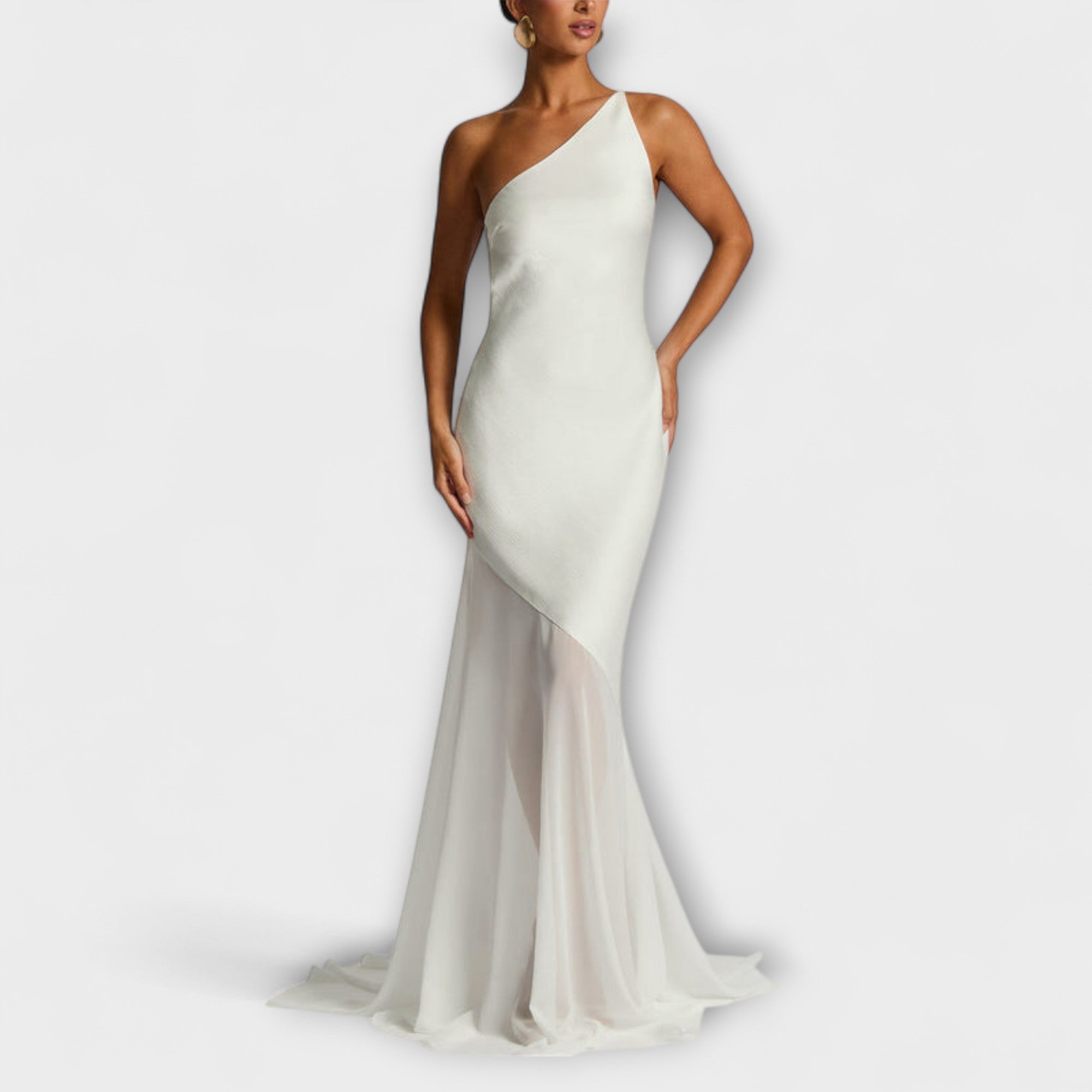 Avalon elegantes Maxikleid in Weiß, einseitige Träger, asymmetrischer Schnitt, Mermaid-Saum