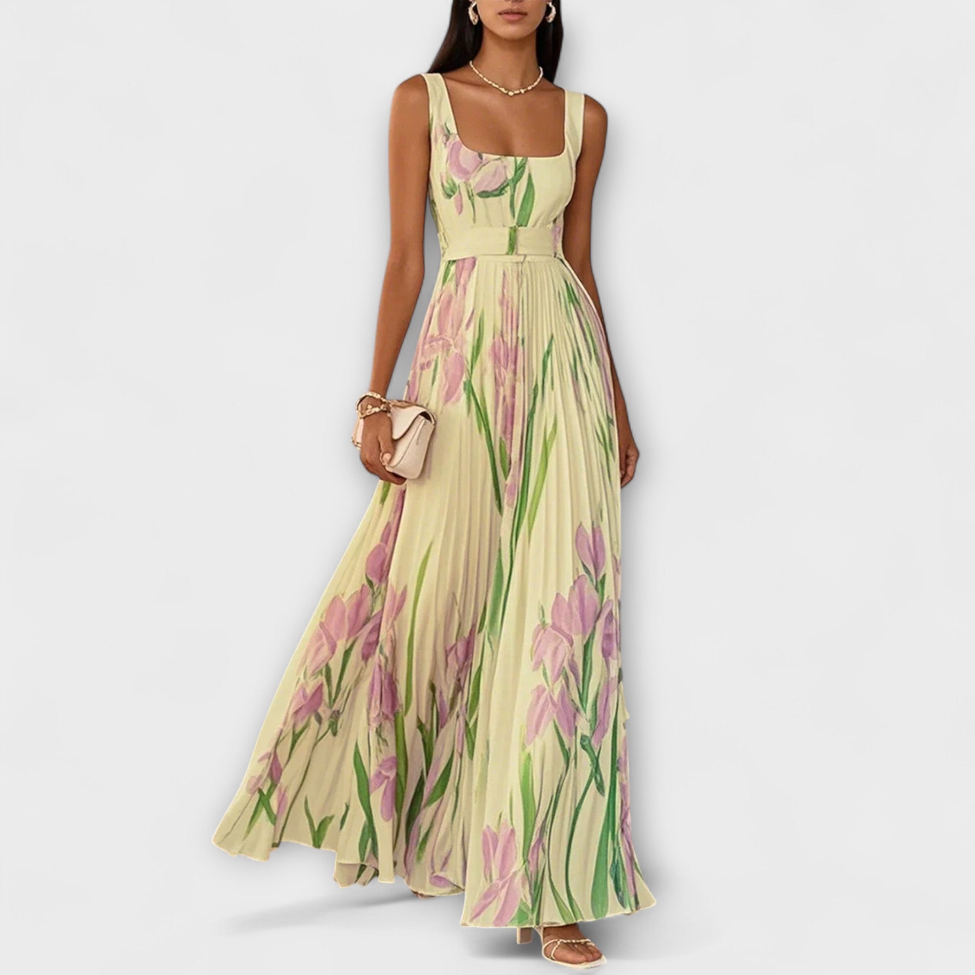 Chiffon-Maxikleid mit Blumenmuster, hellbeige mit rosa Blüten und grünem Blattwerk