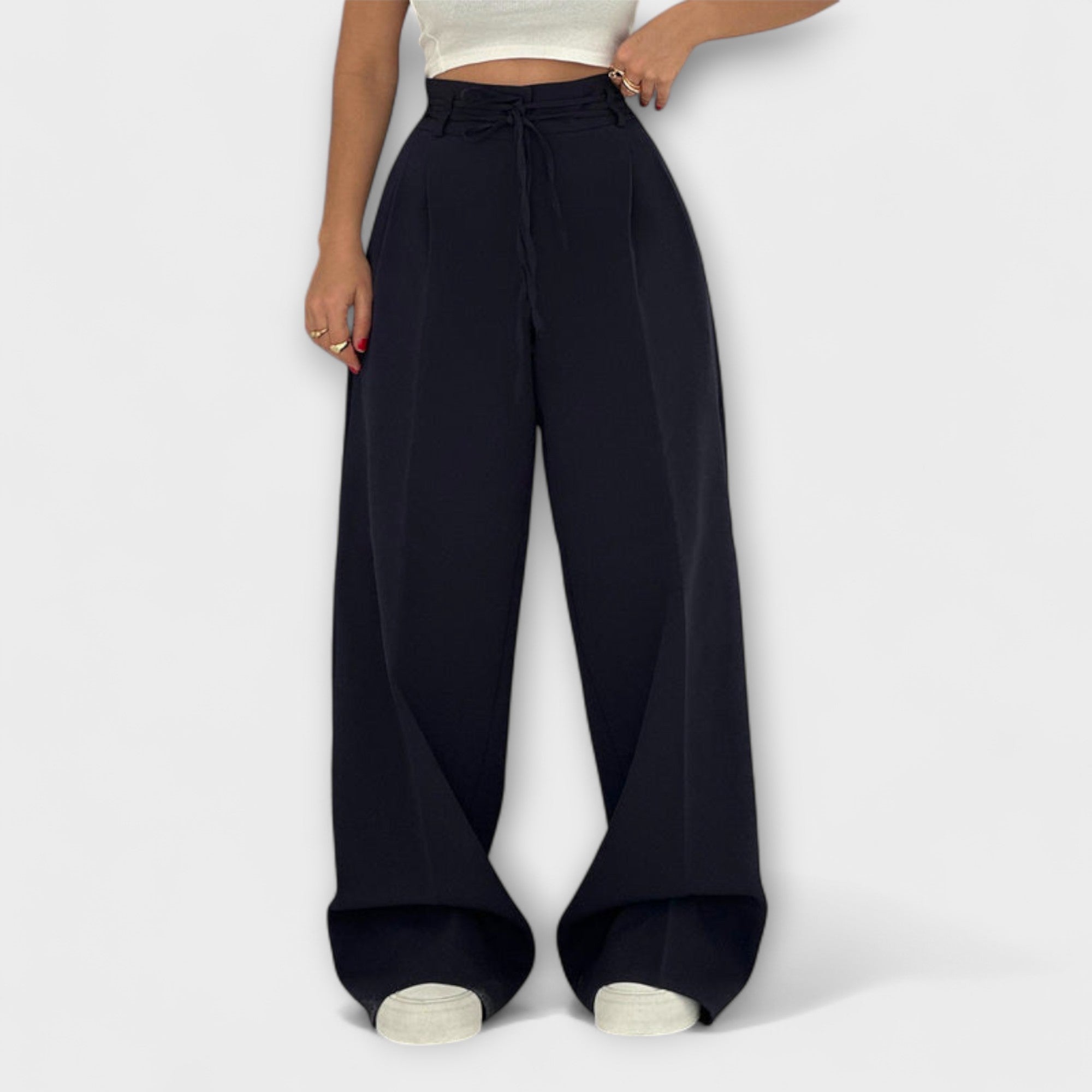 Schnürbare Freizeit-Hose, marineblau, weites Bein, Kordelbund und Seitentaschen