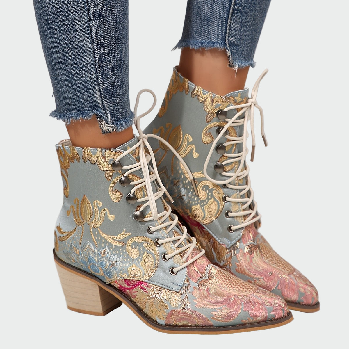 Lederstiefeletten mit Blumenmuster