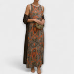 Langes ärmelloses Kleid mit passender Stola, Ornament-Print in Dunkelbraun und Orange