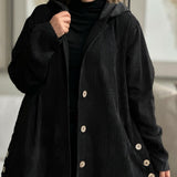 Cordjacke mit Kapuze in Schwarz, vordere Knopfleiste und große Taschen