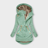 Parka mit Kapuze, Fellfutter und Knopfverschluss, grün mit Kordelzug an der Taille