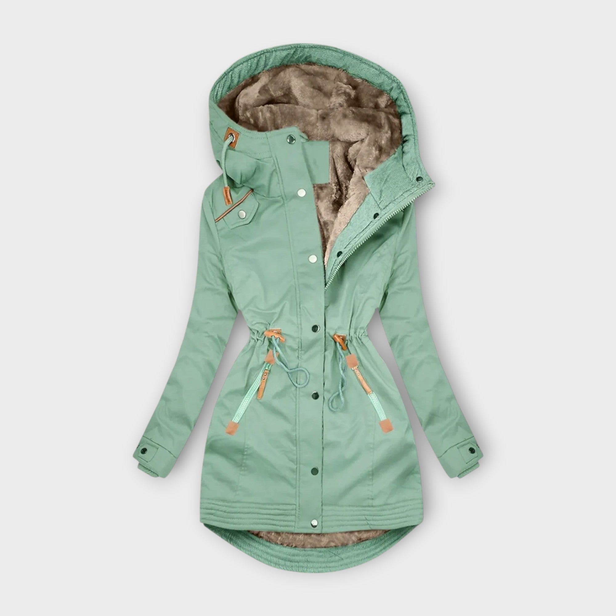 Parka mit Kapuze, Fellfutter und Knopfverschluss, grün mit Kordelzug an der Taille