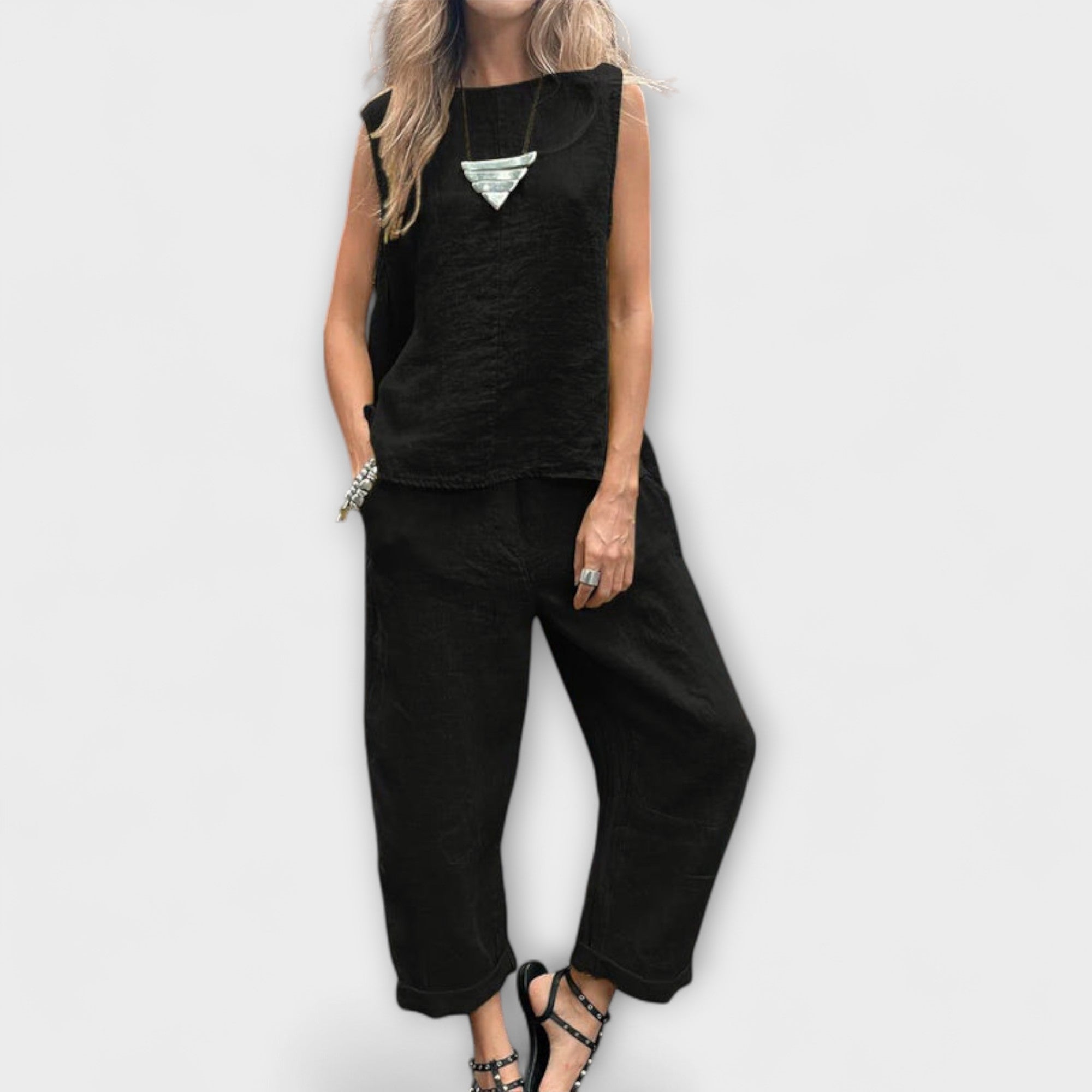Leinen-Baumwoll-Set mit ärmellosem Top und weiter Hose, schwarz