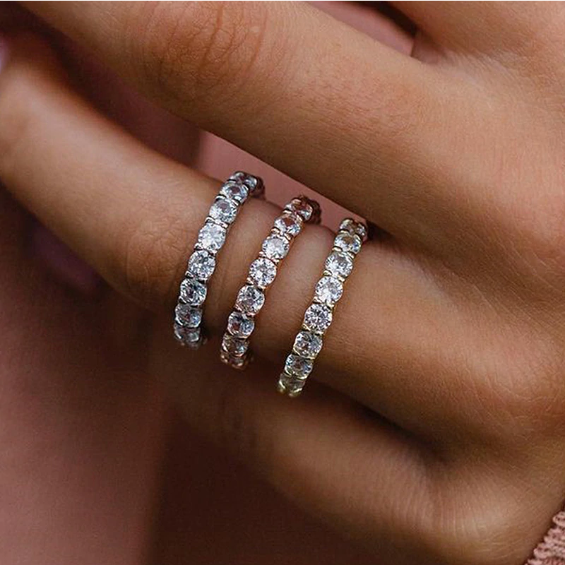 Silberfarbener Doppelband-Diamantring, 3 schmale Reif-Ringe mit funkelnden Steinen