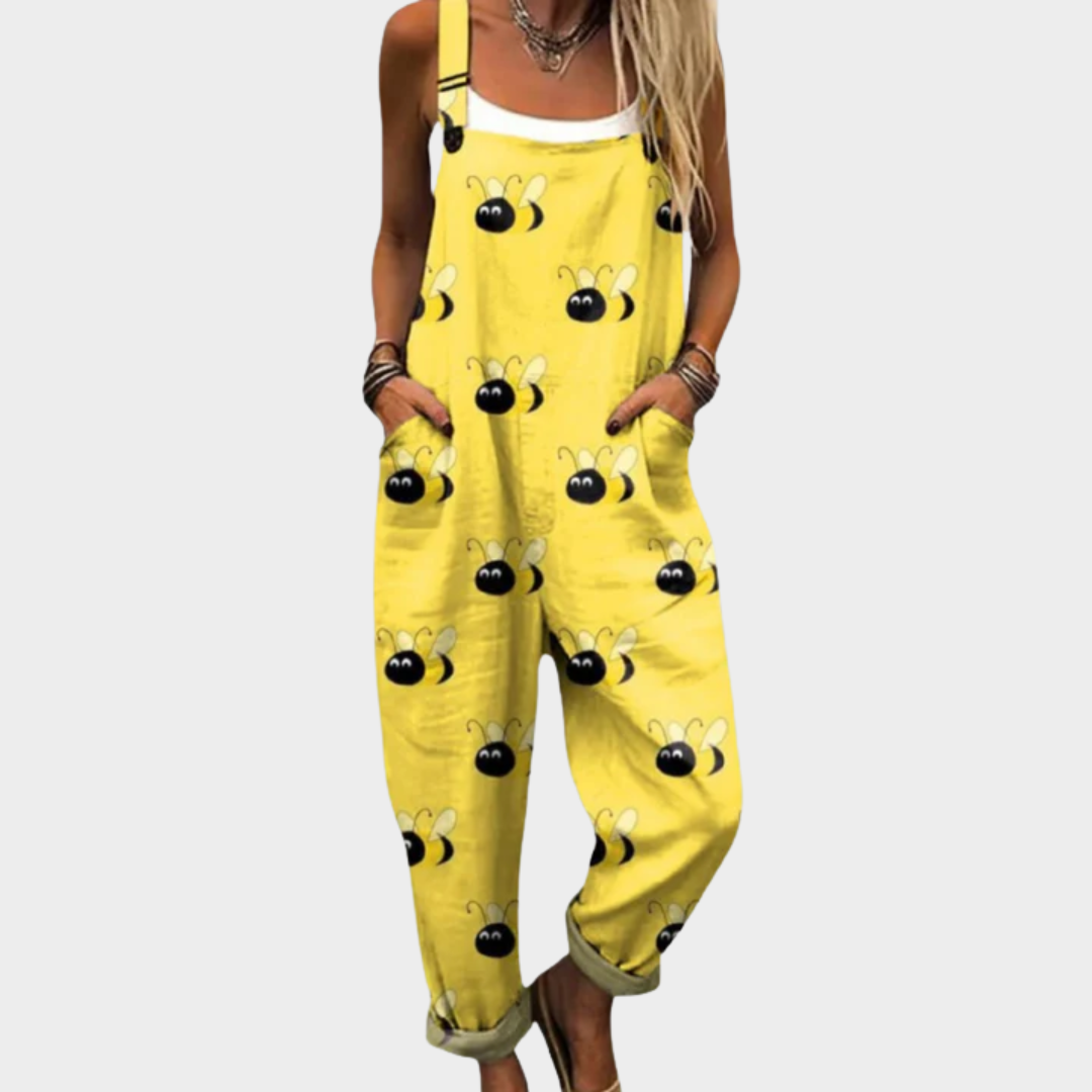 Gelber bedruckter Jumpsuit mit süßem Bienenmuster und Schulterträgern