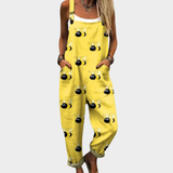 Gelber bedruckter Jumpsuit mit süßem Bienenmuster und Schulterträgern