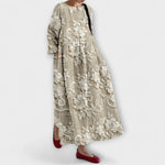 Maxikleid mit floraler Stickerei, khaki gemustert, Rundhalsausschnitt, weite Ärmel