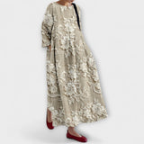Maxikleid mit floraler Stickerei, khaki gemustert, Rundhalsausschnitt, weite Ärmel