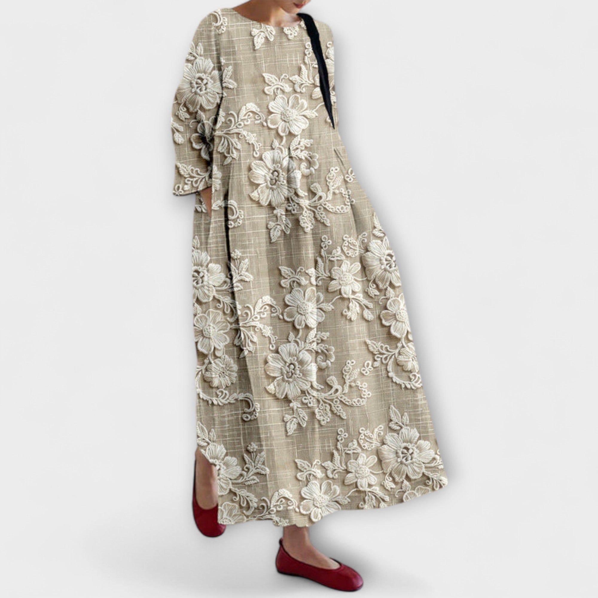 Maxikleid mit floraler Stickerei, khaki gemustert, Rundhalsausschnitt, weite Ärmel