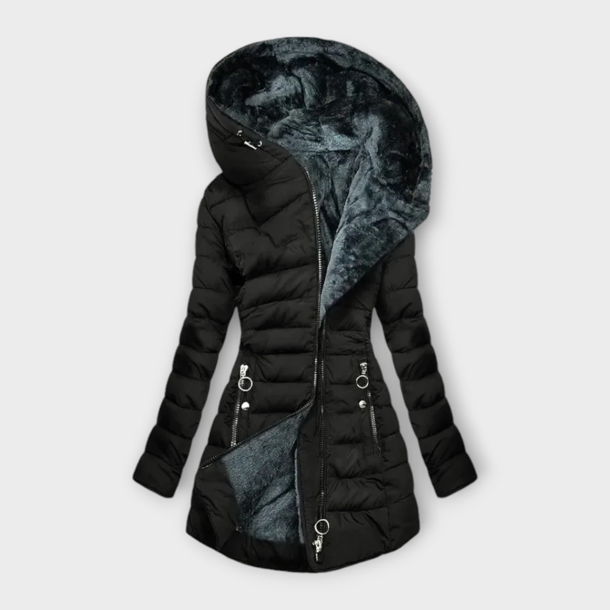KORI Fellgefütterter Steppmantel mit Kapuze, Reißverschluss und Eingrifftaschen, schwarz