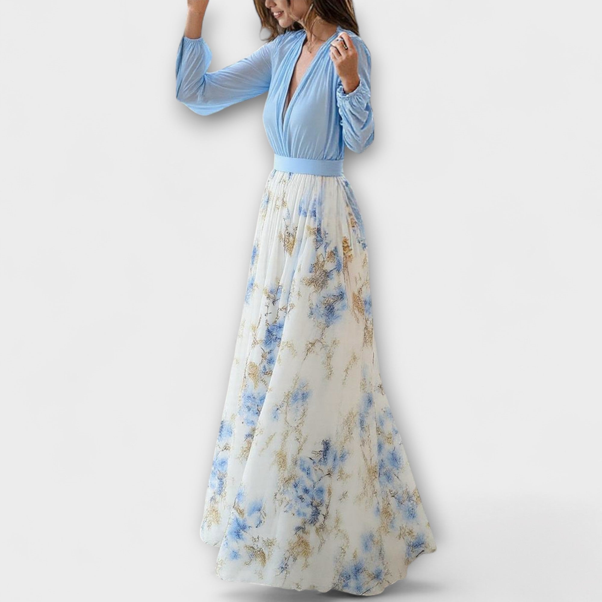 Blumen-Maxikleid mit V-Ausschnitt, langen Ärmeln, geraffter Taille und floralem Maxirock