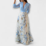 Blumen-Maxikleid mit geraffter Taille, blauem Oberteil und floralem Maxirock