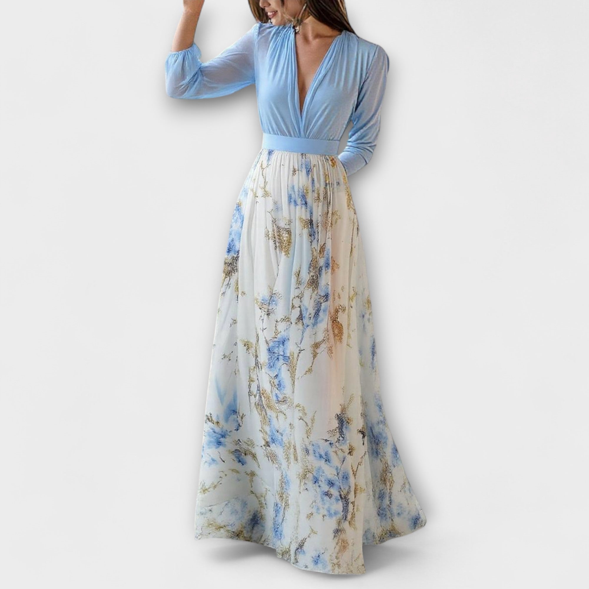 Blumen-Maxikleid mit geraffter Taille, blauem Oberteil und floralem Maxirock