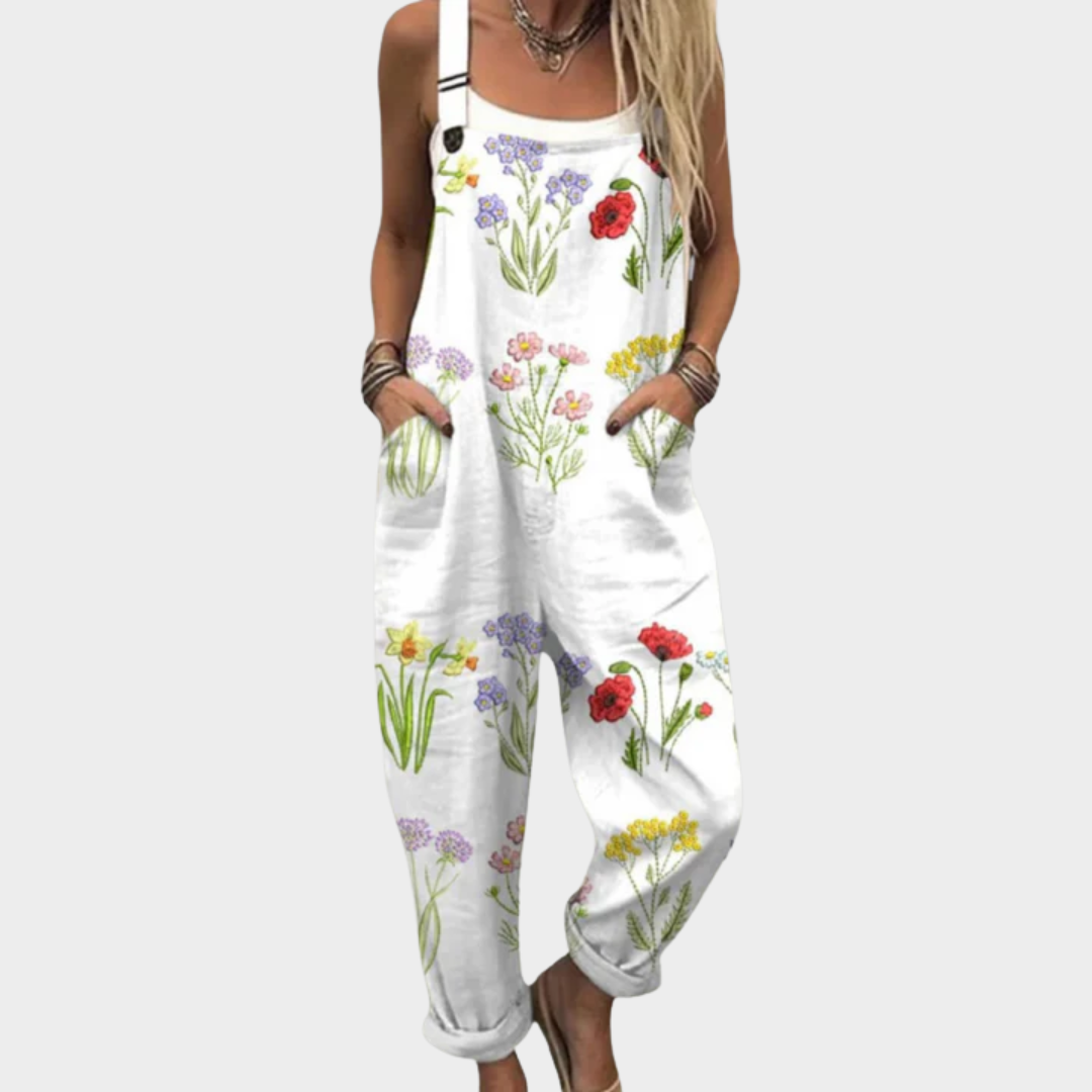 Weißer Overall mit Blumenprint, ärmellosen Trägern und langen Beinen