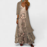 Maxikleid-Set mit Jacke: beiges Kleid mit Blumenmuster und offener Jacke