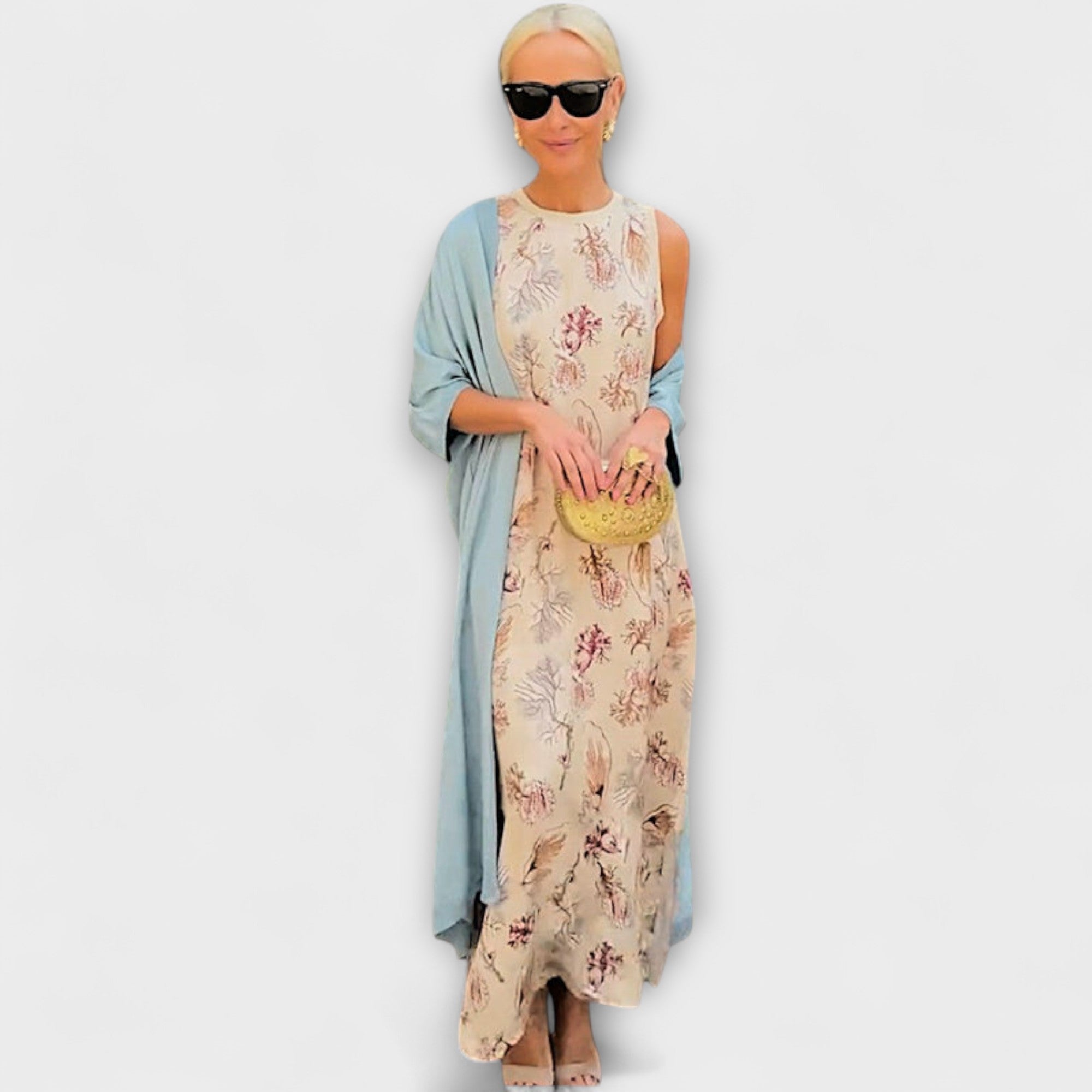 Maxikleid (beige) mit pastellblauem Cardigan, ärmellos, floraler Druck