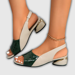 Bicolor-Slingback-Sandale: grünes Schlangenmuster, beiger Rand, offener Zehenbereich