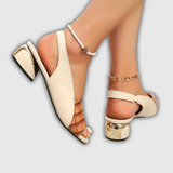 Bicolor-Slingback-Sandale: beigefarbene Zehenöffnung, dunkle Absatzspitze, Blockabsatz